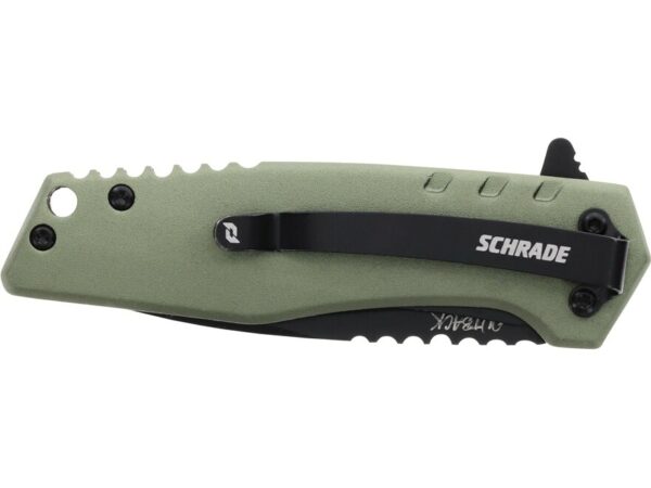 Schrade Outback Folding Knife 2.75″ Partially Serrated Drop Point AUS-10 Black Oxide Blade Aluminum Handle OD Green For Sale