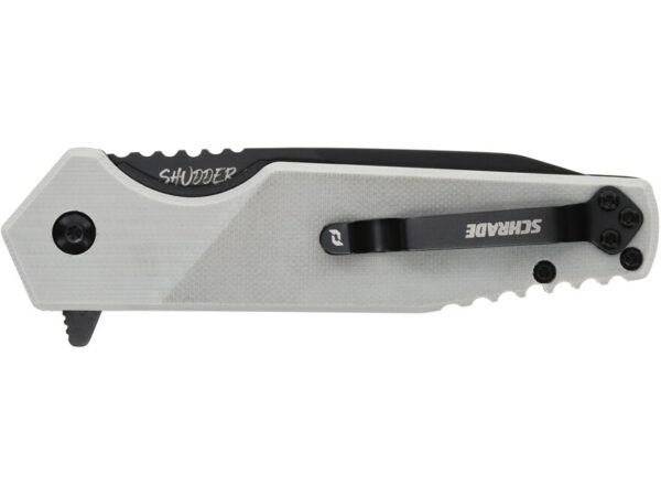 Schrade Shudder Folding Knife 3.5″ Partially Serrated Tanto Point AUS-10 Black Oxide Blade Aluminum Handle Gray For Sale
