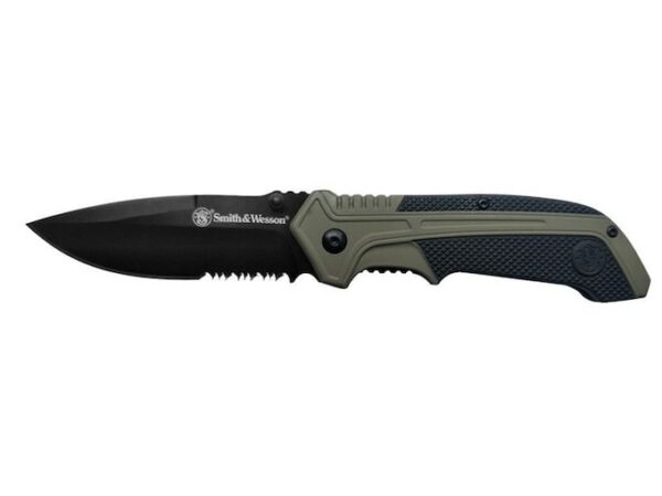 Smith & Wesson Assisted Folding Pocket Knife 3.25″ Black Drop Point Partially Serrated 8Cr13MoV Stainless Steel Aluminum Handle Olive Drab with Rubber Inserts For Sale