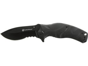 Smith & Wesson Black Ops Recurve Folding Knife 3.5″ Partially Serrated Drop Point 8Cr13MoV Stainless Black Blade G-10 Handle Black For Sale