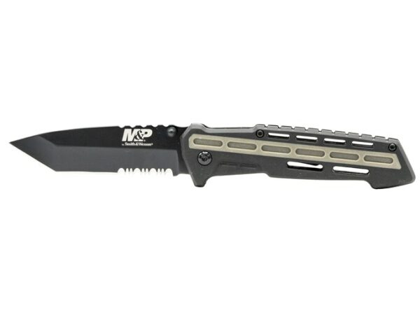 Smith & Wesson M&P AR Overmold Folding Pocket Knife 3.5″ Black Tanto Point Partially Serrated 8Cr13MoV Stainless Steel Blade Rubberized Aluminum Handle Black For Sale
