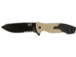Smith & Wesson SWMPF2CS Fixed Blade Knife 4.1″ Partially Serrated Drop Point 8Cr13MoV Stainless Black Blade Aluminum Handle Tan For Sale