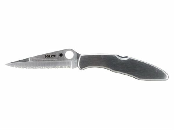 Spyderco Police Folding Knife 4.125″ Serrated VG-10 Stainless Steel Blade Stainless Steel Handle For Sale