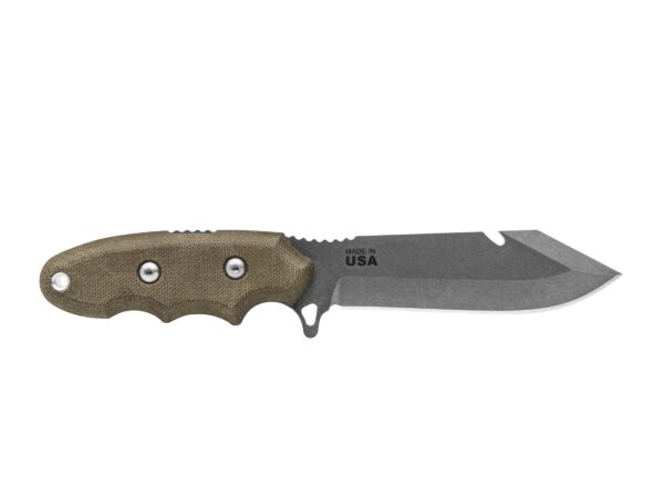 TOPS Knives Backpacker’s Bowie Fixed Blade Knife 4.5″ Clip Point 1095 Stainless Steel Blade Canvas Micarta Handle Green For Sale