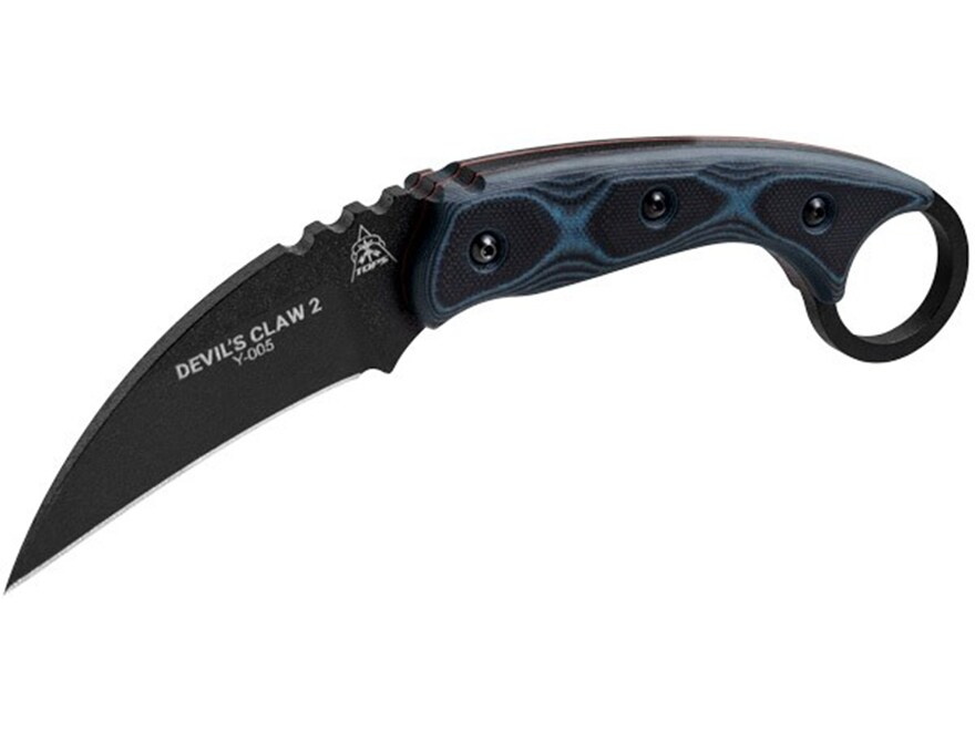 TOPS Knives Devil’s Claw 2 Fixed Blade Knife 3.13″ Black Karambit 1095 Steel Blade G-10 Handle Blue/Black For Sale