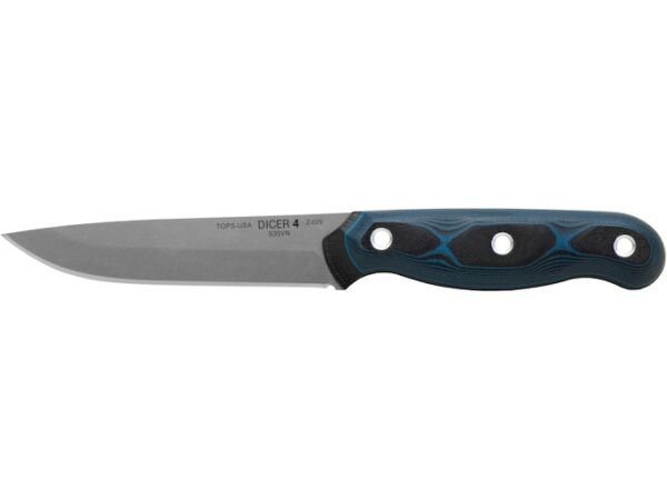 TOPS Knives Dicer 4 Steak Fixed Blade Knife 4.38″ Drop Point CPM S35VN Tumble Blade G-10 Handle Black/Blue For Sale