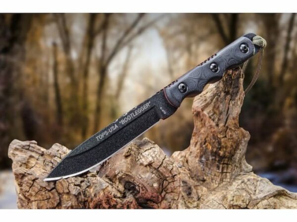 TOPS Knives Ranger Bootlegger Fixed Blade Knife 5″ Clip Point 1095 High Carbon Alloy Blade G-10 Handle Black For Sale