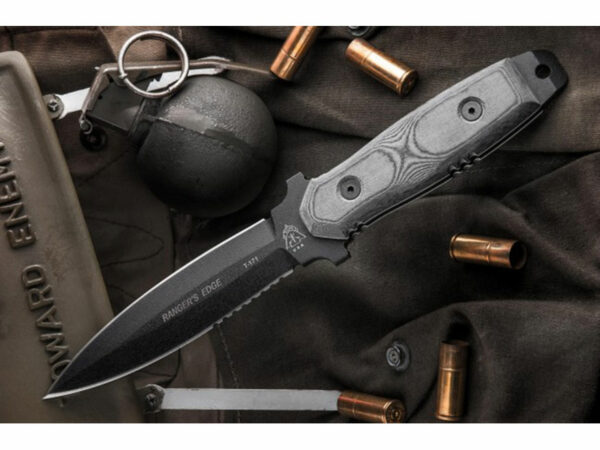 TOPS Knives Ranger’s Edge Micarta Fixed Blade Knife 5.5″ Black Spear Point 1095 High Carbon Alloy Blade Linen Micarta Handle Black For Sale
