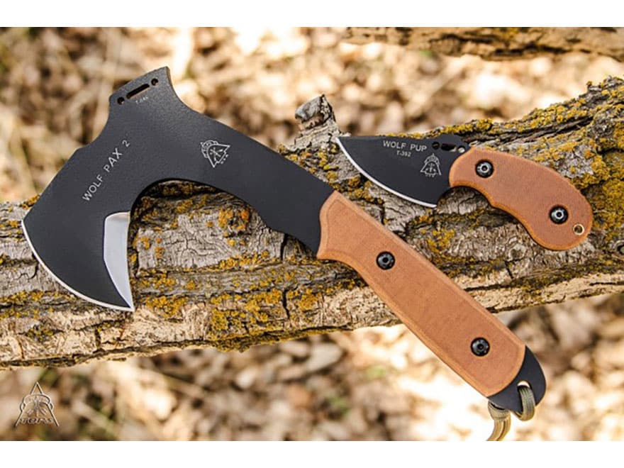 TOPS Knives Wolf Pax 2 Fixed Blade Knife & Axe Combo 1095 High Carbon Alloy Blades Canvas Micarta Handles Tan For Sale