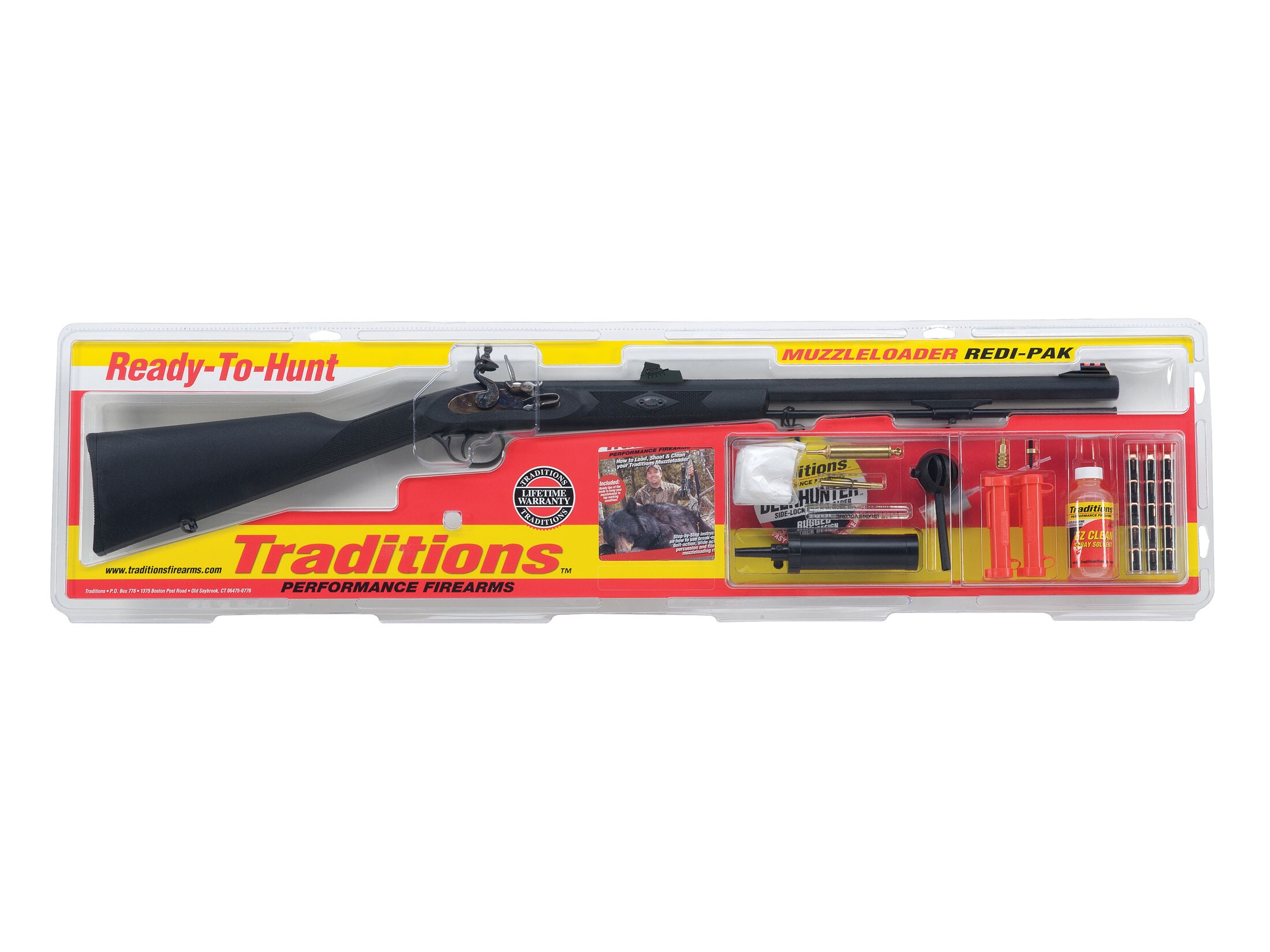 Traditions Deerhunter Muzzleloading Rifle Redi-Pak 50 Caliber Flint 24″ Blued Barrel Synthetic Stock Black For Sale