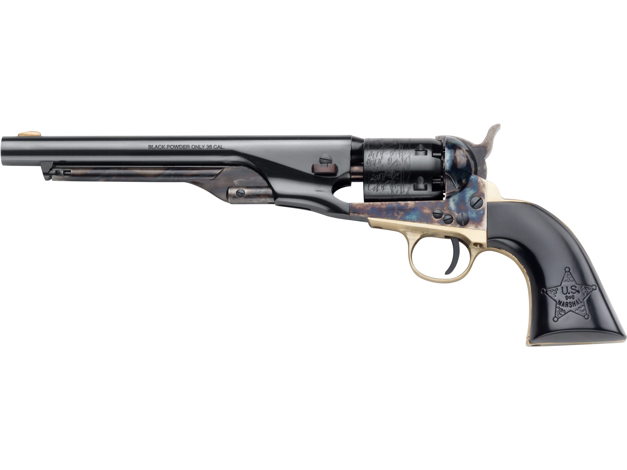 Traditions US Marshall Black Powder Revolver 36 Caliber 8″ Blued Barrel Blued Frame PVC Grips Black For Sale