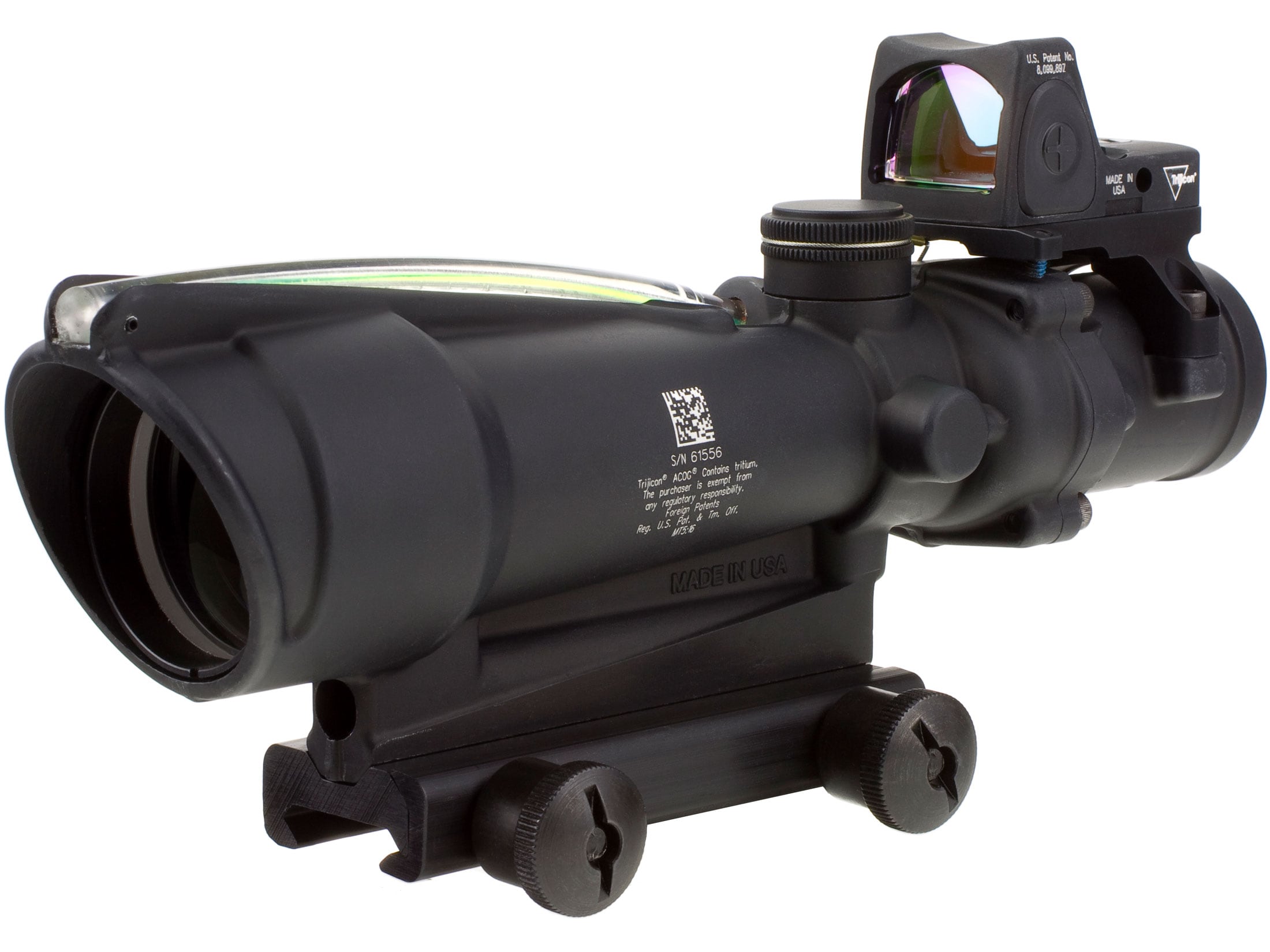 Trijicon ACOG Rifle Scope 3.5x 35mm Dual-Illuminated Green Chevron 223 Remington Reticle with 3.25 MOA RMR Type 2 Adjustable LED Red Dot Sight and Colt Knob Thumbscrew Mount Matte For Sale