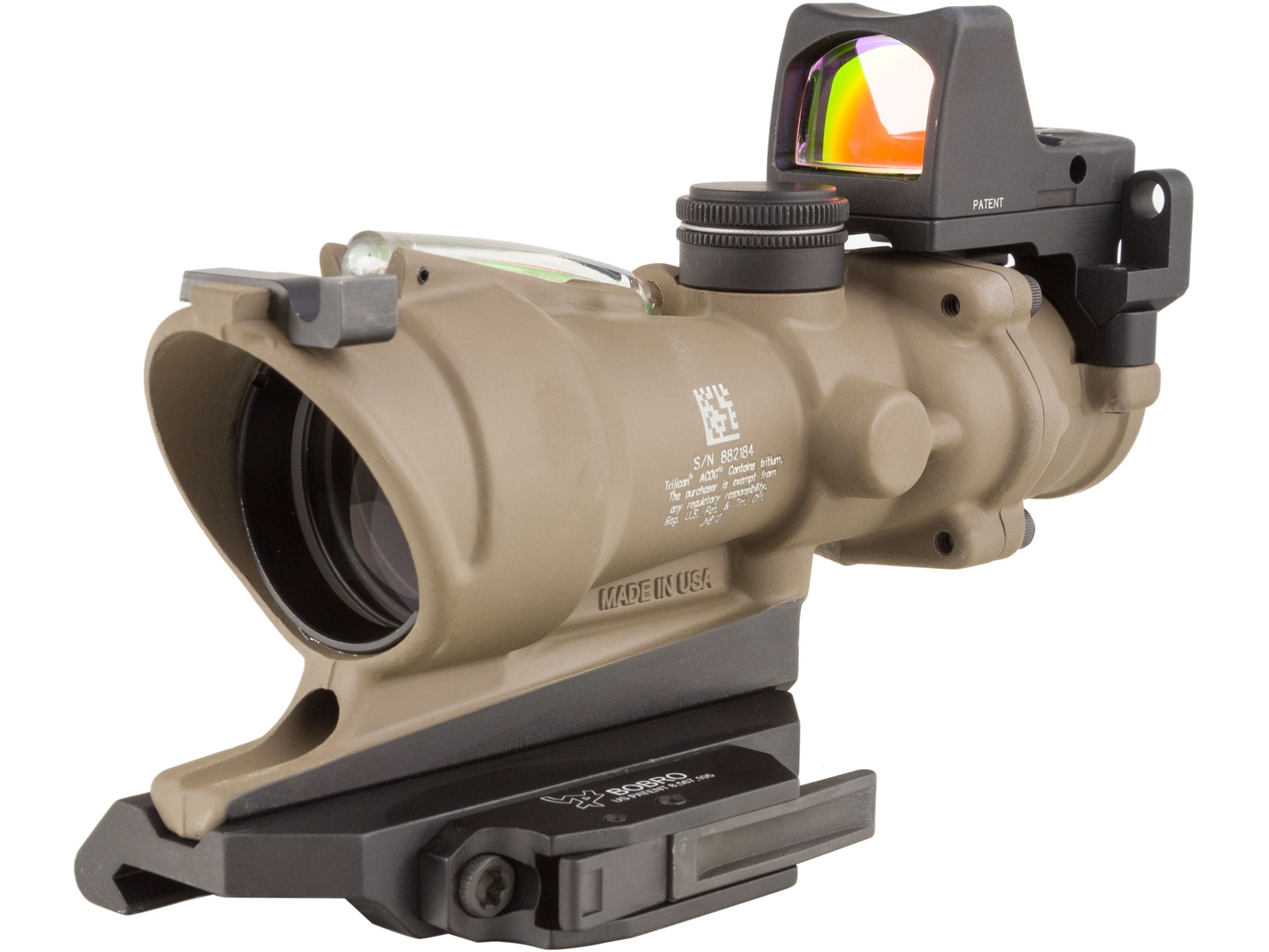 Trijicon ACOG Rifle Scope 4x 32mm Dual-Illuminated 5.56 Reticle with 3.25 MOA RMR Type 2 Red Dot Sight, Iron Sight and Trijicon Quick Release Mount Cerakote Flat Dark Earth For Sale