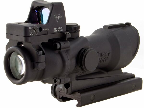 Trijicon ACOG Rifle Scope 4x 32mm Tritium Illuminated Amber Crosshair 223 Remington Reticle with 3.25 MOA RMR Type 2 Red Dot Sight and Colt Knob Thumbscrew Mount Matte For Sale