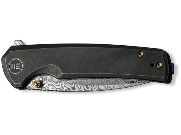 WE Knife Subjugator Folding Knife 3.48″ Drop Point Damasteel Hakkapella Blade Titanium Handle Black For Sale
