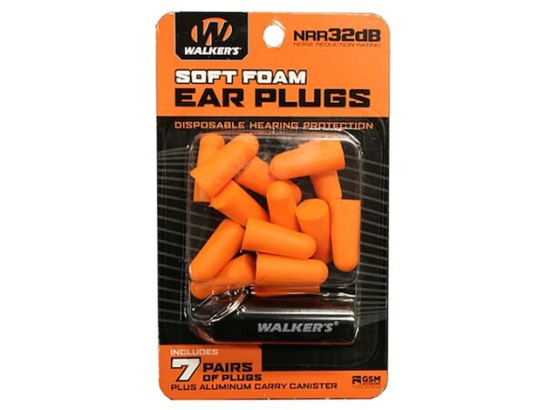 Walker’s Soft Foam Ear Plugs (NRR 32dB) with Aluminum Carry Canister Package of 7 Pairs For Sale